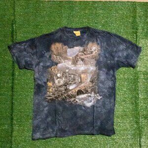 VINTAGE THE MOUNTAIN 1999 BLUE TIE DYE TRAIN GRAPHIC T SHIRT SLEEVE SIZE XXL
